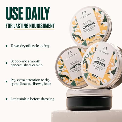 The Body Shop Body Butter | 96hr Nourishing Moisture for Dry Skin | Non-Greasy with Shea Butter for Smoother Softer Skin, Vegan, 200 ml / 6.4 oz (Almond Milk)