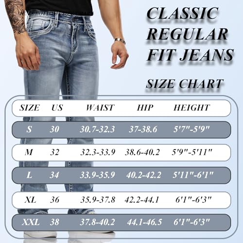 Classic Fit Jeans for Men Embroidered Design All Season Adult Denim Work Pants Everyday Casual Style Men's Pants (US, Waist, 32, Regular, Blue)