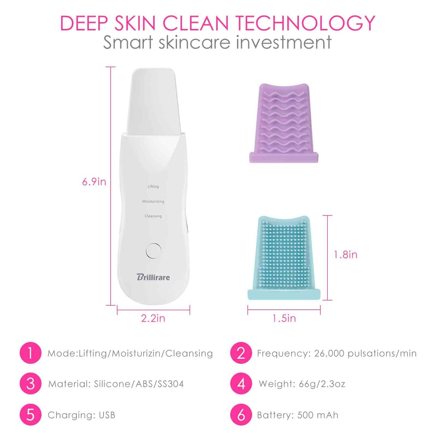 BRILLIRARE Face Scrubber, Skin Spatula, Facial Silicone Pore Cleaner, Rechargeable All Skin Types Waterproof Blackhead Remover Tools for Deep Cleansing, Exfoliating, 3 Modes Wireless, White