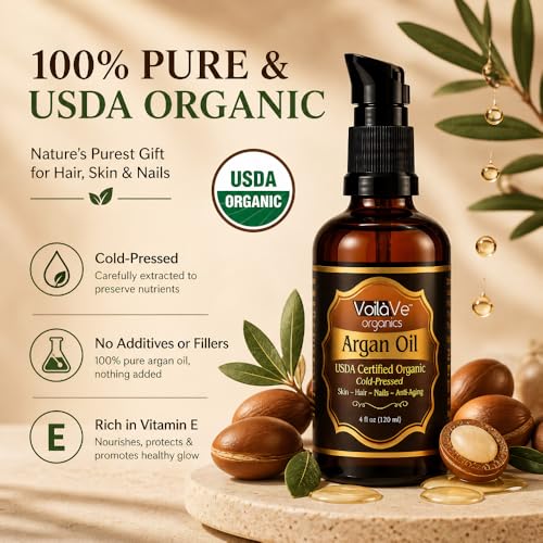 VoilaVe USDA Pure Organic Moroccan Argan Oil for Skin, Nails & Hair Growth, Anti-Aging Face Moisturizer, Cold Pressed, Hair Moisturizer, Rich in Vitamin E, As Seen On TV - 4 fl oz