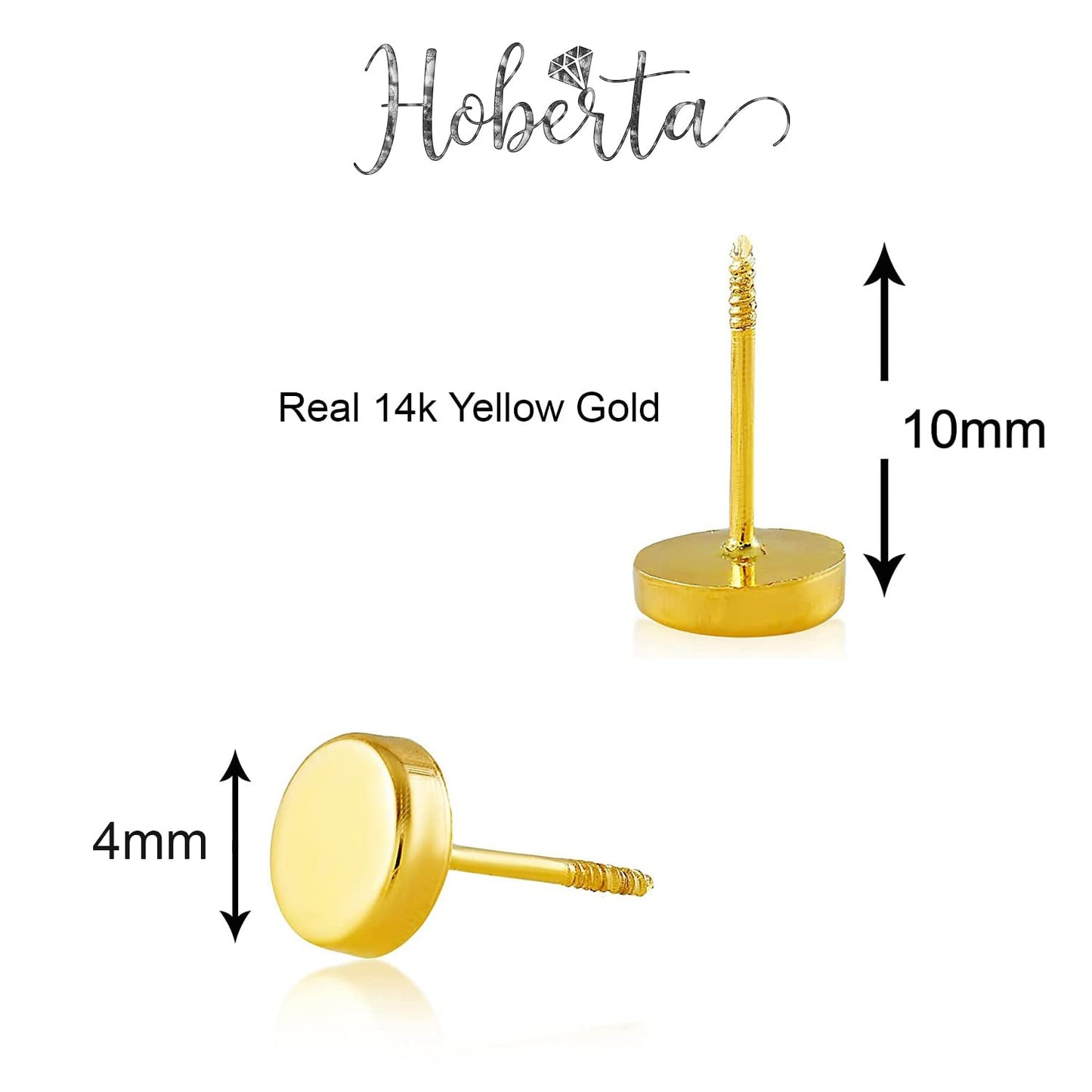 Hoberta Real 14k solid Round Yellow Gold Tiny Circle Stud Earrings with Screw back for Women Girls Men for Sensitive ears Small & Minimalist Dot Studs Jewelry for Gift (4mm)