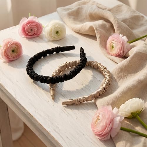 Rivvlive 2 Pcs Silk Headband for Women – 100% Pure Mulberry Silk Hair Accessory, Wide No-slip No-headache Design for Women and Girls, Stylish Look for Curly & Textured Hair, Fashion Birthday Gifts