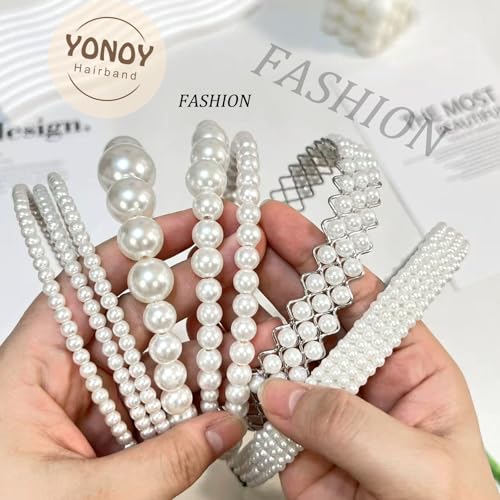 YONOY Pearl Headbands for Women, White Faux Pearl Hair Accessories, Dainty Bling Hairbands, 6 Pack, Perfect for Wedding Events