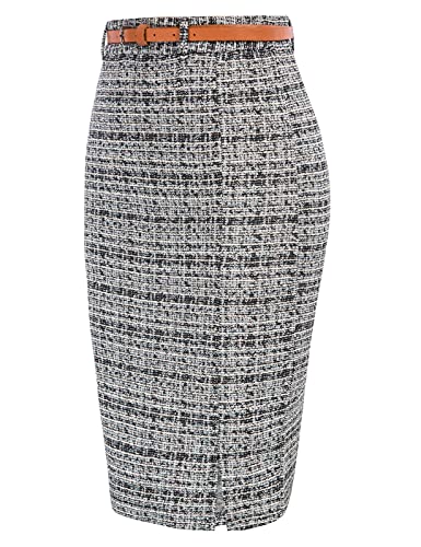 Kate Kasin Women's Knee Length Bodycon Tweed Pencil Skirt with Belt Hip-Wrapped Business Casual Split Skirts Black L