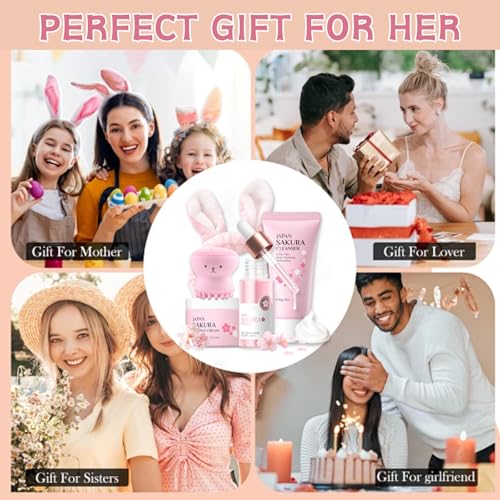 Skincare Set Sakura Teen Girls Gifts Christmas Birthday - Skin Care Set for girls Ages 8-12 - Hydrating Skincare for Teens 10-12 - Travel Size Facial Kit for Women with Cleanser,Bunny Headband(5pcs)