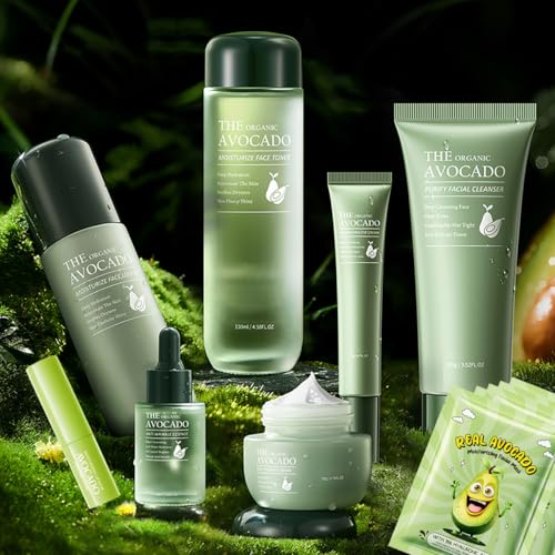 12pcs Avocado Skincare Kit, with Facial Cleanser, Toner, Lotion, Face Serum, Face Cream, Eye Cream, Facial mask&Lip Balm For Hydrating Skin Anti-Aging Skin For Women Teen Girls Skin Care Gift Set