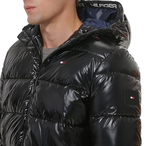 Tommy Hilfiger Men's Hooded Puffer Jacket, Pearlized Black, Medium