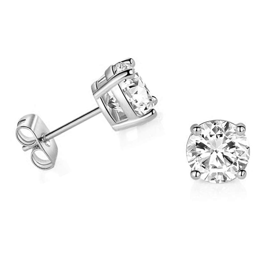 14k White Gold Round CZ Stud Earrings with Gold Butterfly Pushbacks Real Solid Gold Solitaire 14K Gold Earrings (5mm)