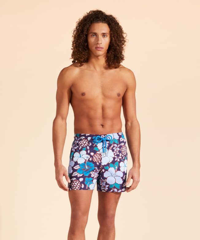 Vilebrequin Men Stretch Swim Trunks Tropical Turtles, L, Midnight