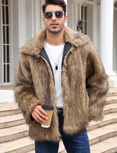 Gihuo Faux Fur Coat Winter Jackets for Men Mens Winter Coats Faux Fur Jacket Warm Fluffy Furry Trench Fake Fur Jacket (Brown-M)