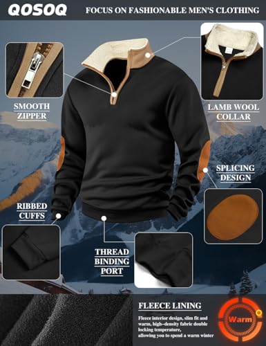 QOSOQ Men's Fleece Sweatshirts Vintage Quarter Zip Pullover shirt Casual Long Sleeve Sweatshirt warm tops Black