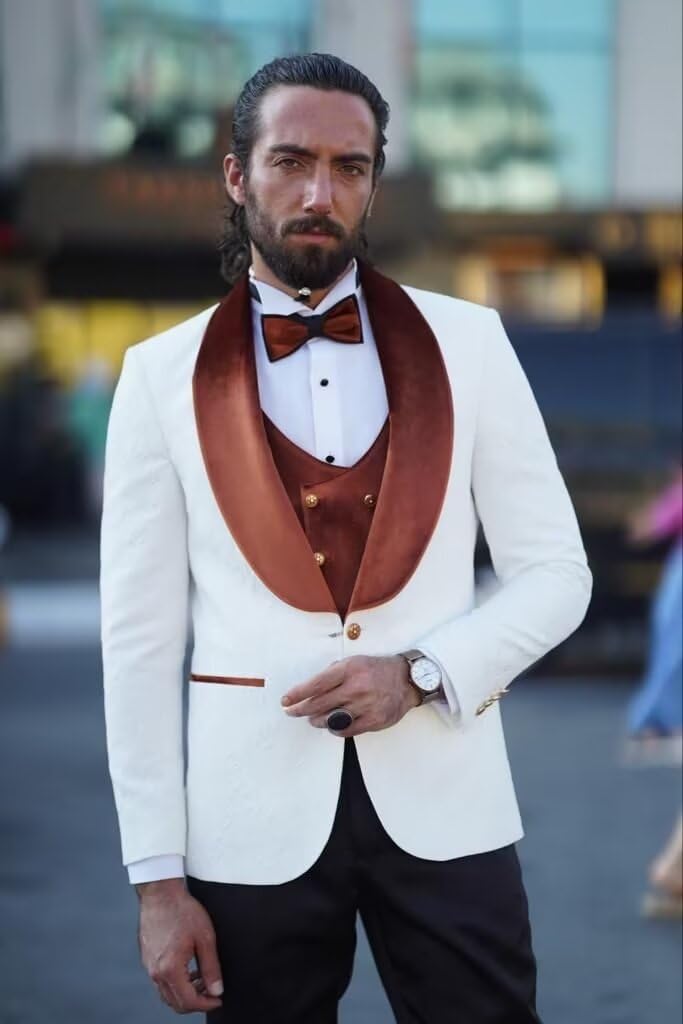 Men's Floral Tuxedo Suits Luxury Embroide Regular Fit Suit 3 Piece Set Wedding Blazer Dinner Tuxedo for Party Plus Size 52 White-Black