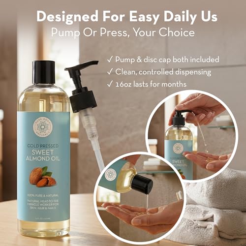Cold Pressed Sweet Almond Oil, 16 fl oz, Pure Oil for Skin & Hair