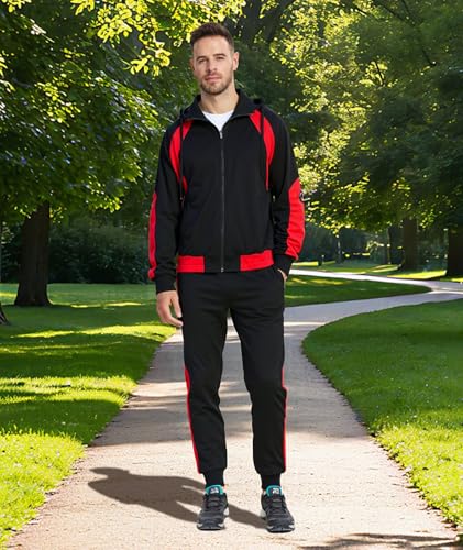Little Beauty Men's Tracksuits Casual Sweat Track Suits Full Zip 2 Pieces Sweatsuits Long Sleeve Jogging Workout Sports Set Red Black,XL