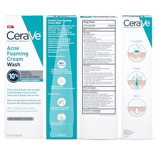 CeraVe Acne Foaming Cream Wash, 10% Benzoyl Peroxide Facial Cleanser, 5oz