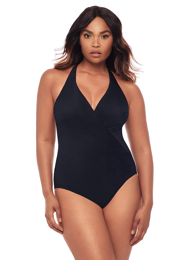 Miraclesuit Women's Swimwear Rock Solid Wrapsody Halter Tummy Control One Piece Swimsuit, Black, 10