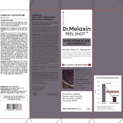 Dr.Melaxin Peel Shot Black Rice Exfoliating Ampoule, Face Exfoliator with AHA BHA Niacinamide Rice Bran Water, Blackhead Remover, Pore Minimizer, Brightening Glass Skin Serum, Korean Skin Care, 2.7 oz