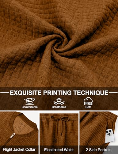 UOUA Men's Tracksuit 2 Piece Sets Jogging Suit Casual Running Sweatsuit with Full Zip Athletic Jackets and Pants Sports Outfits Brown M
