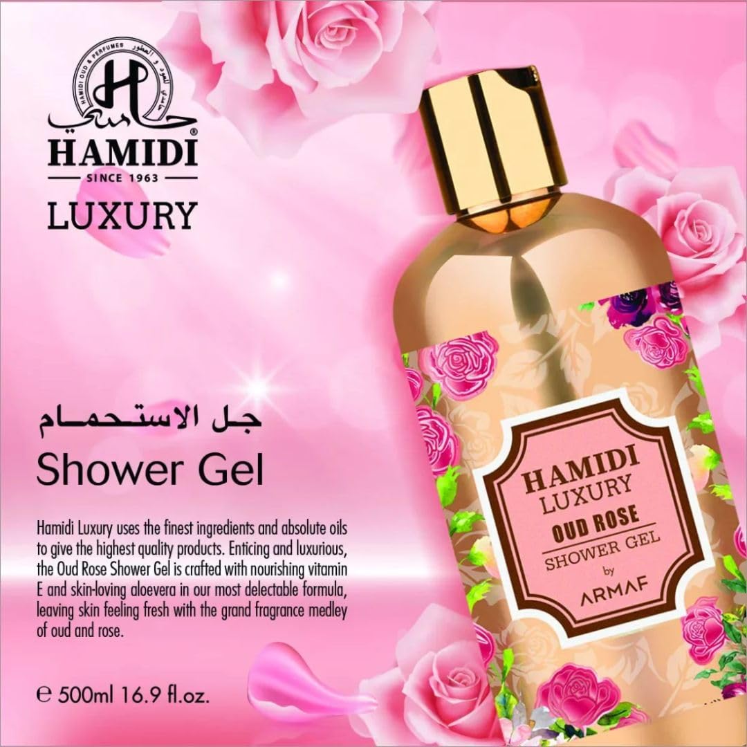 Hamidi Luxury Oud Rose Shower Gel for Women 500ML (16.9 OZ) | Ultra Moisturizing & Skin Nourishing Formula Premium Womens Body Wash For Soft, Hydrated & Revitalized Skin Deep Moisturizing Body Wash
