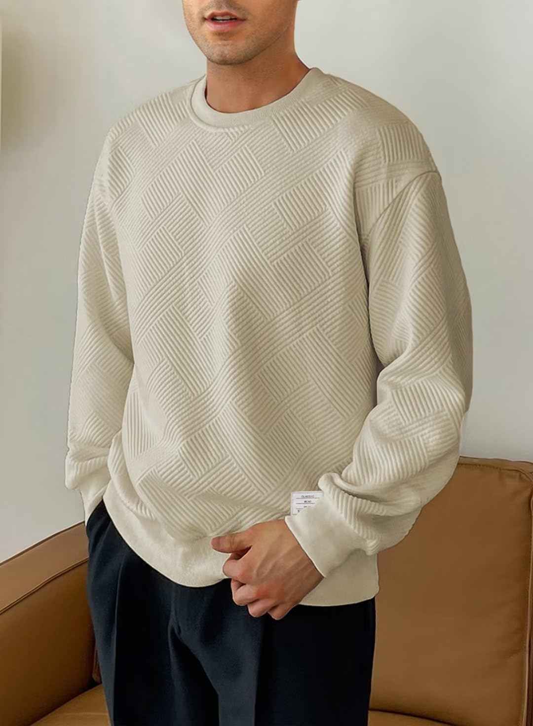 Dokotoo Men Men's Long Sleeve Sweatshirt Casual Crewneck Geometric Texture Soild Color Pullover Sweatshirts Khaki Large