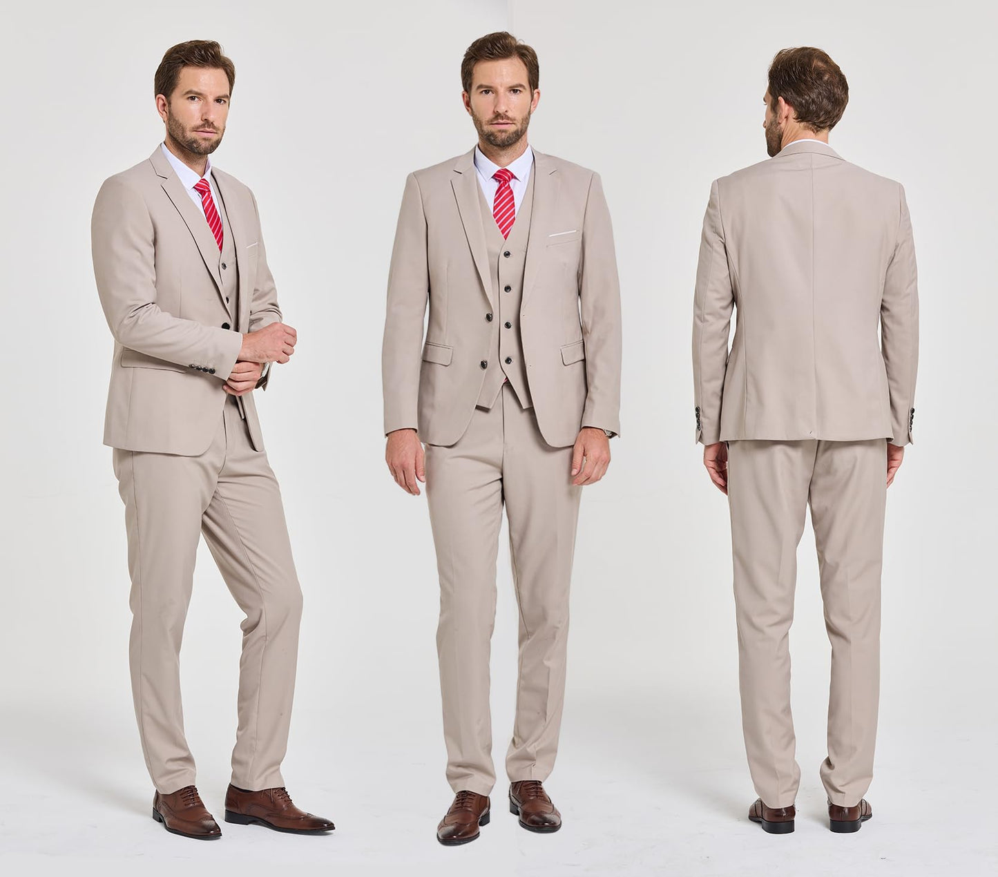 MY'S Men's 3 Piece Slim Fit Suit Set, 2 Button Blazer Jacket Vest Pants with Tie, Solid Wedding Dress Tux and Trousers Beige
