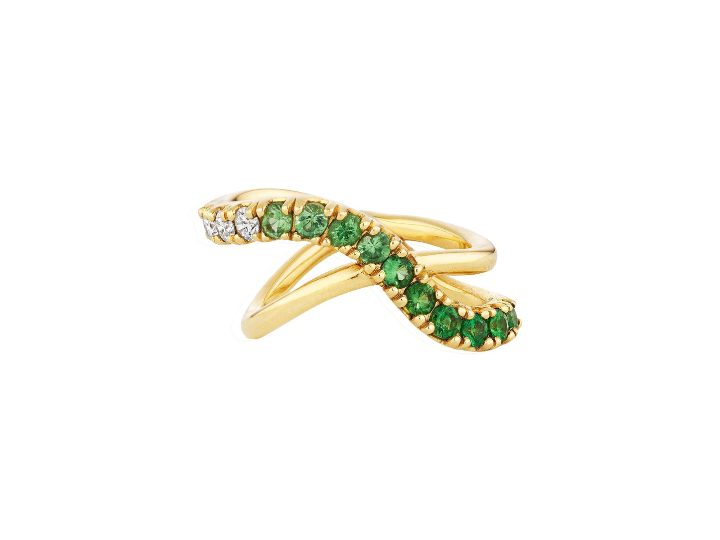 14K Diamond and Tsavorite Ombre Criss Cross Ring
