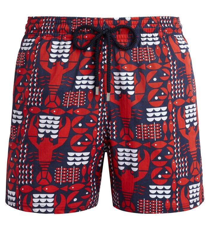 Vilebrequin Men Stretch Flat Belt Swim Trunks Graphic Lobsters, L, Navy Blue