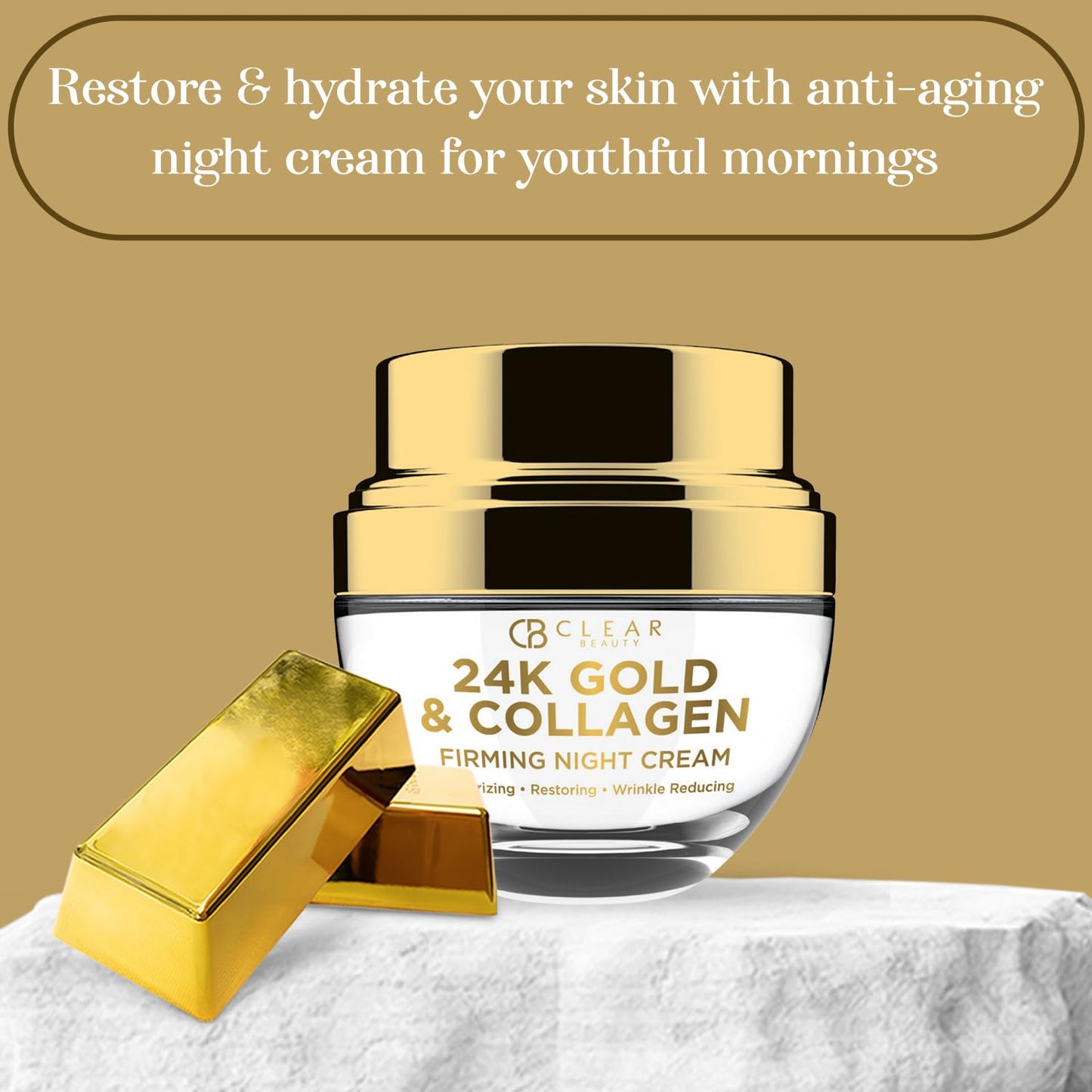 Clear Beauty 24K Gold and Collagen Night Face Moisturizer - Reduces Age Spots, Fine Lines & Wrinkles, Lifting & Firming Night Cream - Cruelty Free Korean Skin Care For All Skin Types