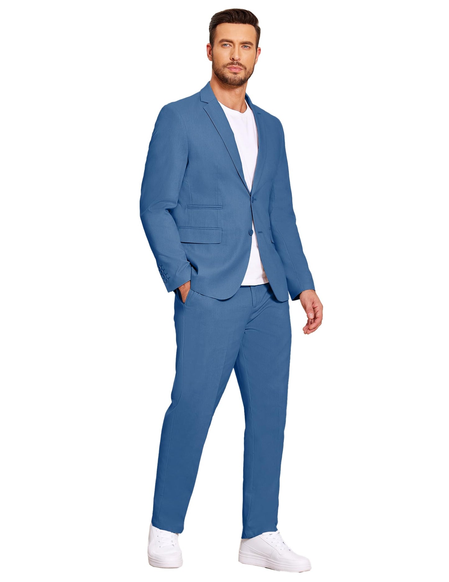 COOFANDY Men's 2 Piece Cotton Linen Suit Slim Fit Casual Wedding Groomsmen Tuxedo Prom Party Jacket Pants Set Blue