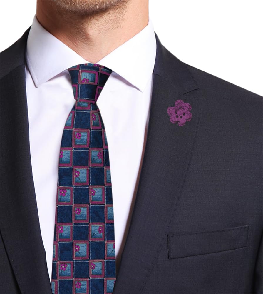 Remo Sartori Made in Italy Blue Flower Pattern Necktie, 3.34'' Width, Print Silk