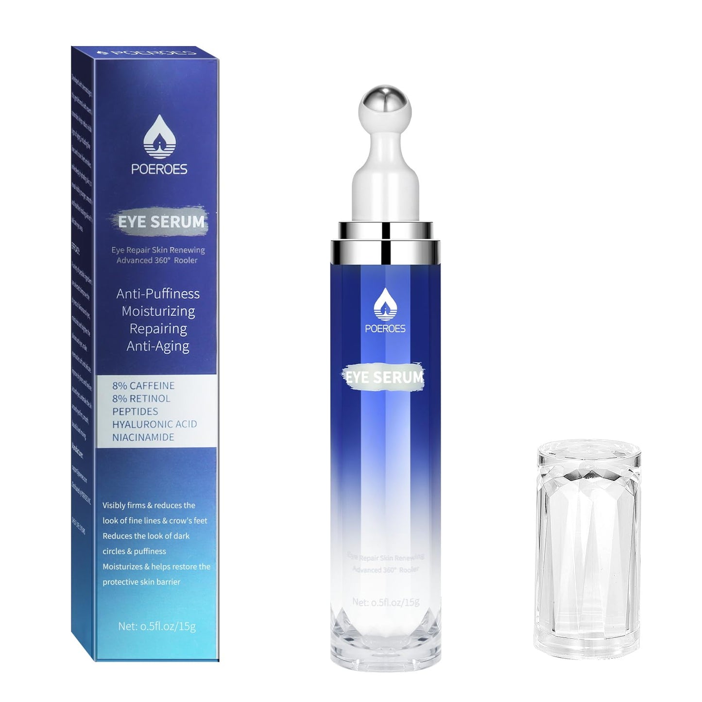 Poeroes Eye Serum with 8% Caffeine 8% Retinol Hyaluronic Acid Niacinamide peptides for Puffy Eye Bags Fine Lines Dark Circles Wrinkles, Under Eye Cream with 360° Eye Roller Massage Ball, 0.5 fl. oz