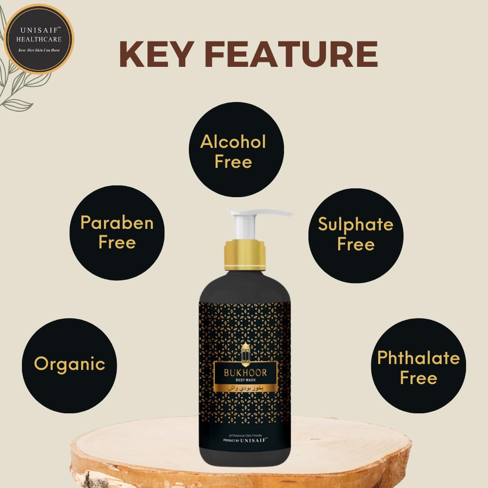 Unisaif Bukhoor Arabian Luxury Organic Body Wash Ph Balanced, Skin Friendly, Sulphate & Paraben Free 300 ml