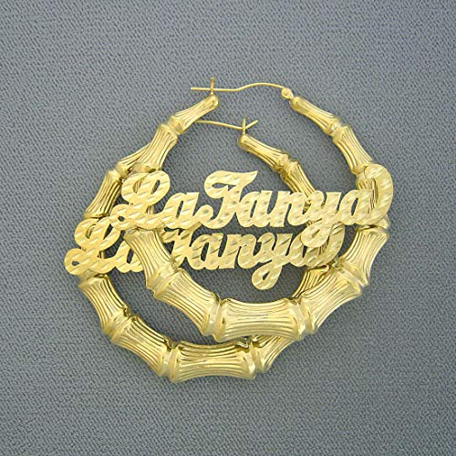 10k Gold Personalized Diamond Cut Name Hollow Bamboo Hoop Earrings 2.1 Inches