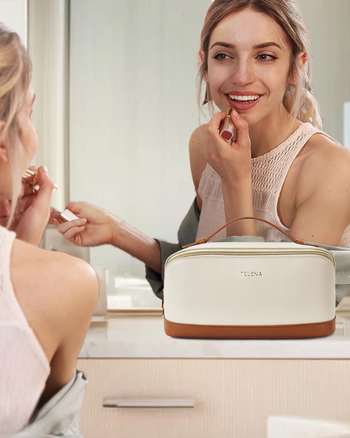 Telena Makeup Bag Large Capacity Travel Cosmetic Bag Portable PU Leather Water Resistant Makeup Organizer Bags for Women with Handle and Divider Open Flat Beige with Brown