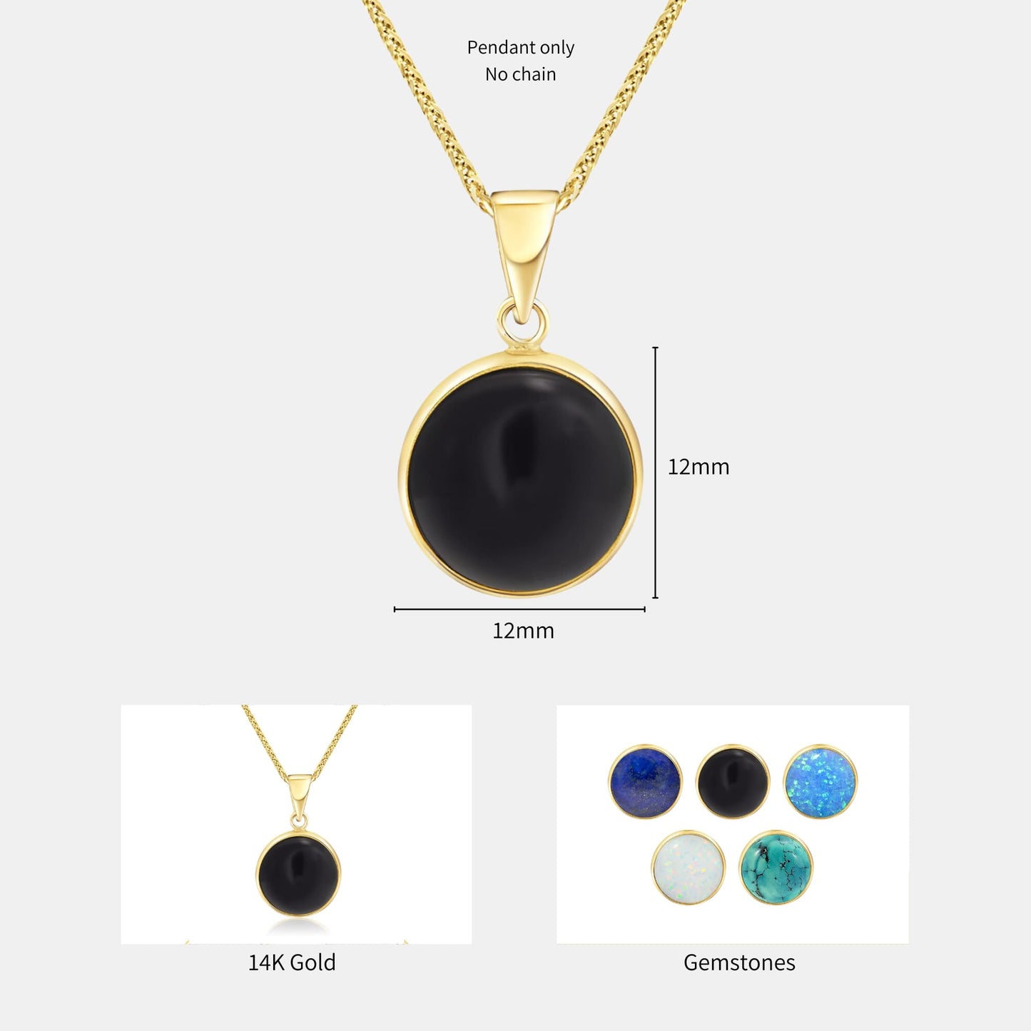 14K Gold Onyx Pendant - 14K Solid Yellow Gold Pendant, Dainty 12mm Round Black Onyx Gemstone, December Birthstone Handmade Minimalist Jewelry, Leo Star Sign Birthday Gift for Classy Women