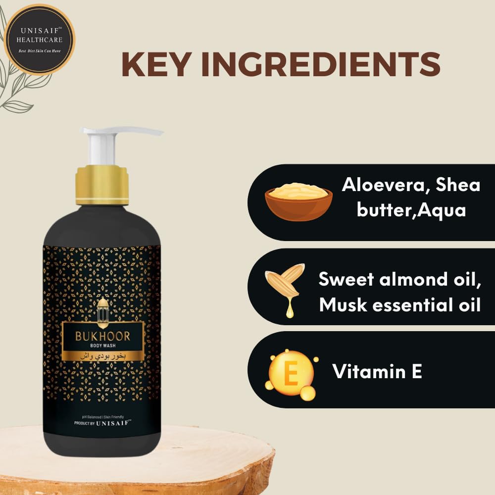 Unisaif Bukhoor Arabian Luxury Organic Body Wash Ph Balanced, Skin Friendly, Sulphate & Paraben Free 300 ml