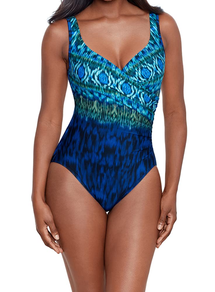 Miraclesuit Women's Swimwear Alhambra It's a Wrap Tummy Control Underwire One Piece Swimsuit, Blue/Multi, 12