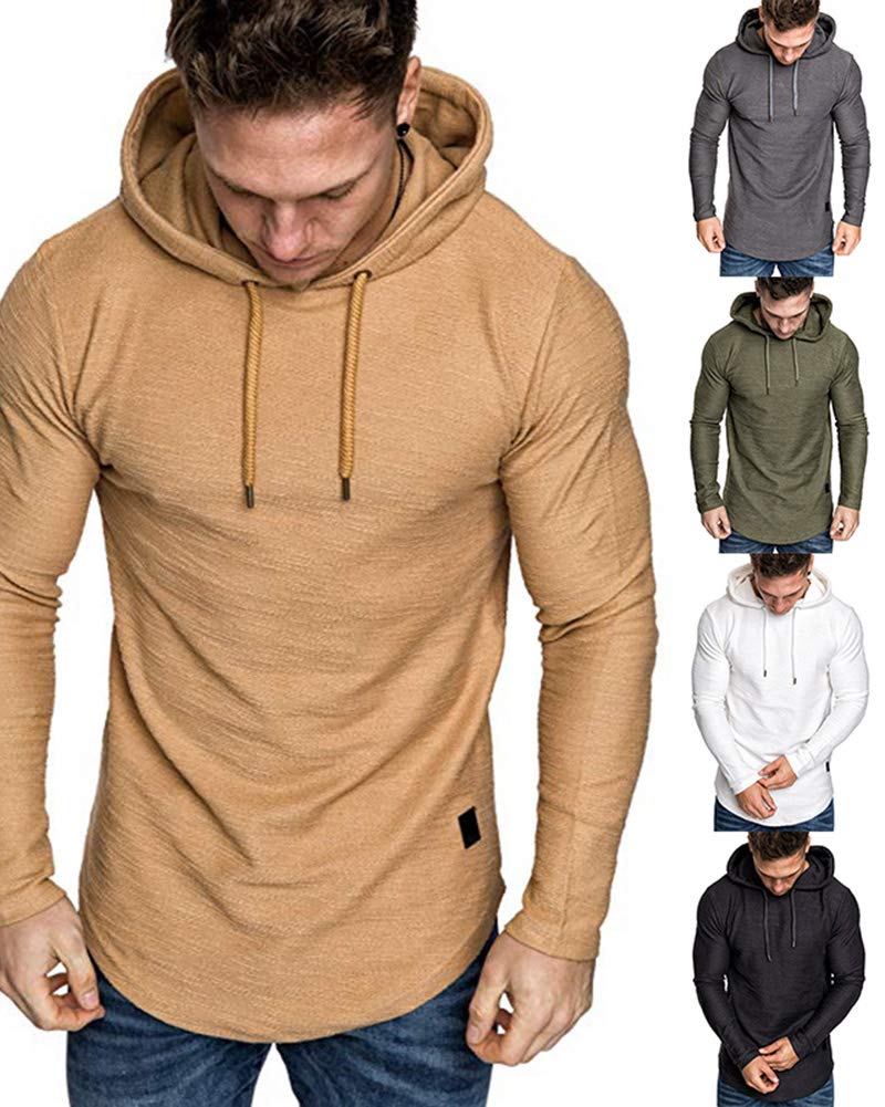 Lexiart Mens Fashion Athletic Hoodies Sport Sweatshirt Solid Color Fleece Pullover Khaki L