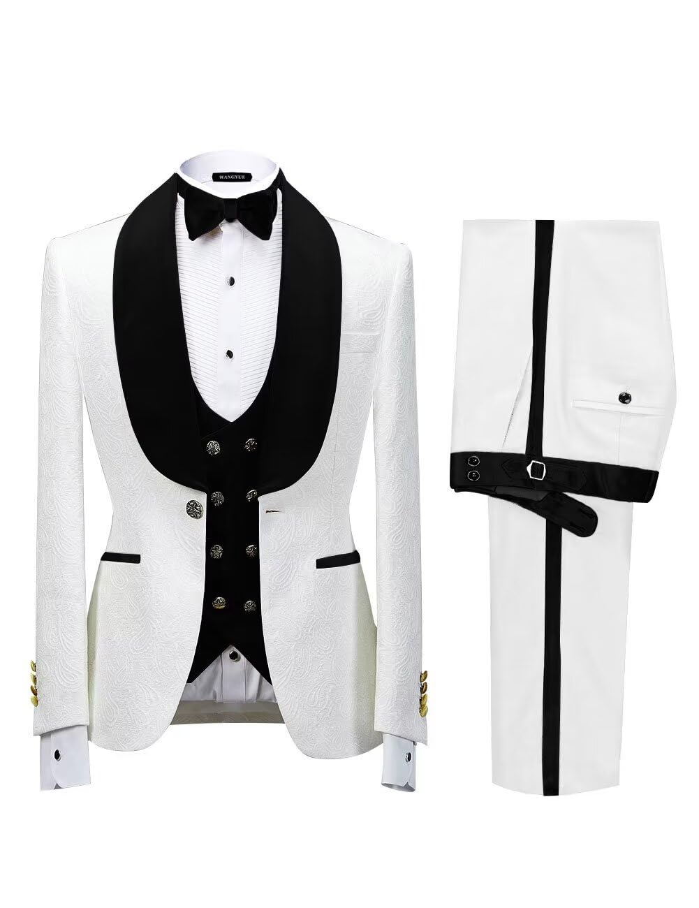 Men's Floral Tuxedo Suits Luxury Embroide Regular Fit Suit 3 Piece Set Wedding Blazer Dinner Tuxedo for Party Plus Size 52 White-Black