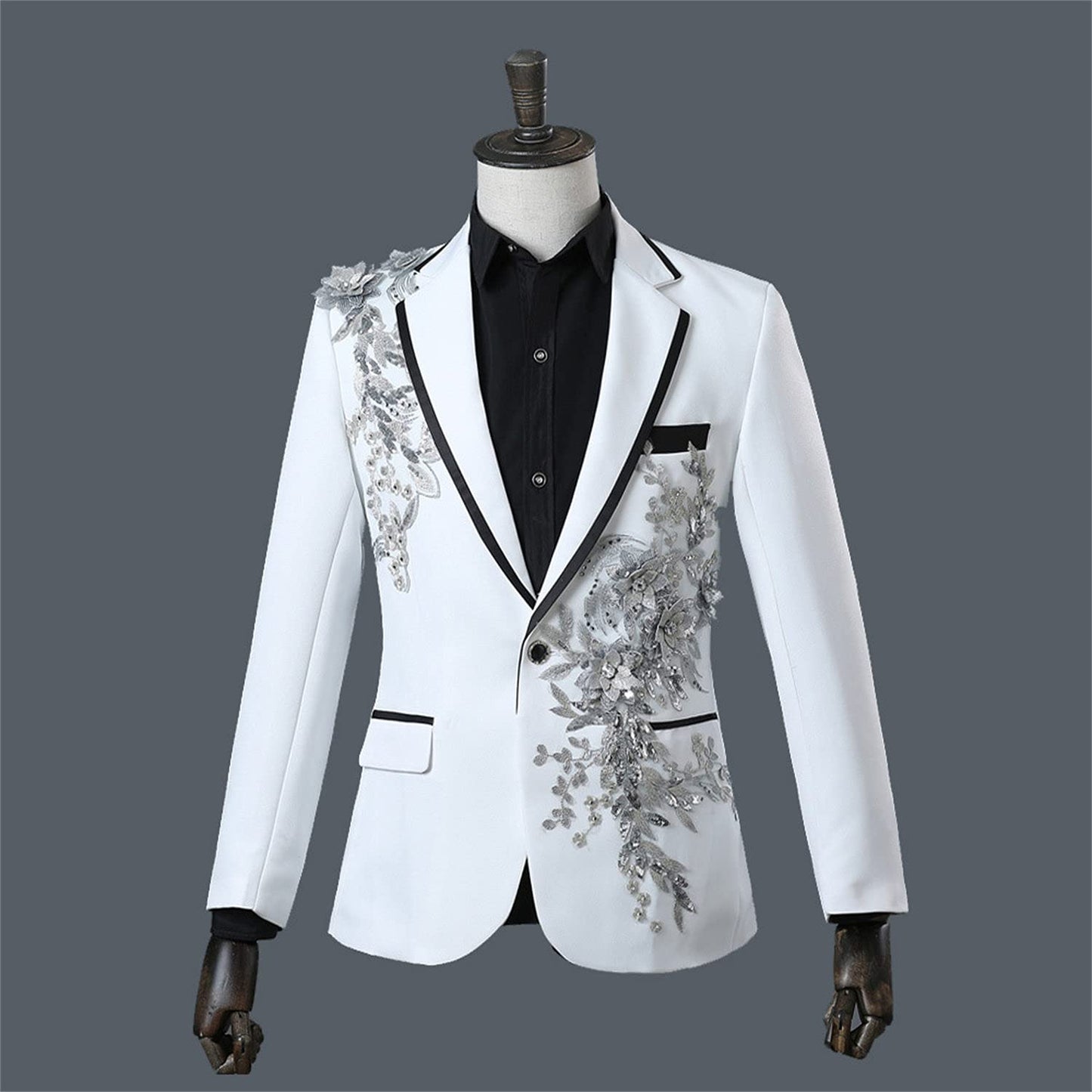 Mens 2 Pieces Luxury Embroidered Suits 1 Button Print Dinner Tuxedo Jacket Prom Wedding Elegant Blazer Dress Suit (Medium,White)