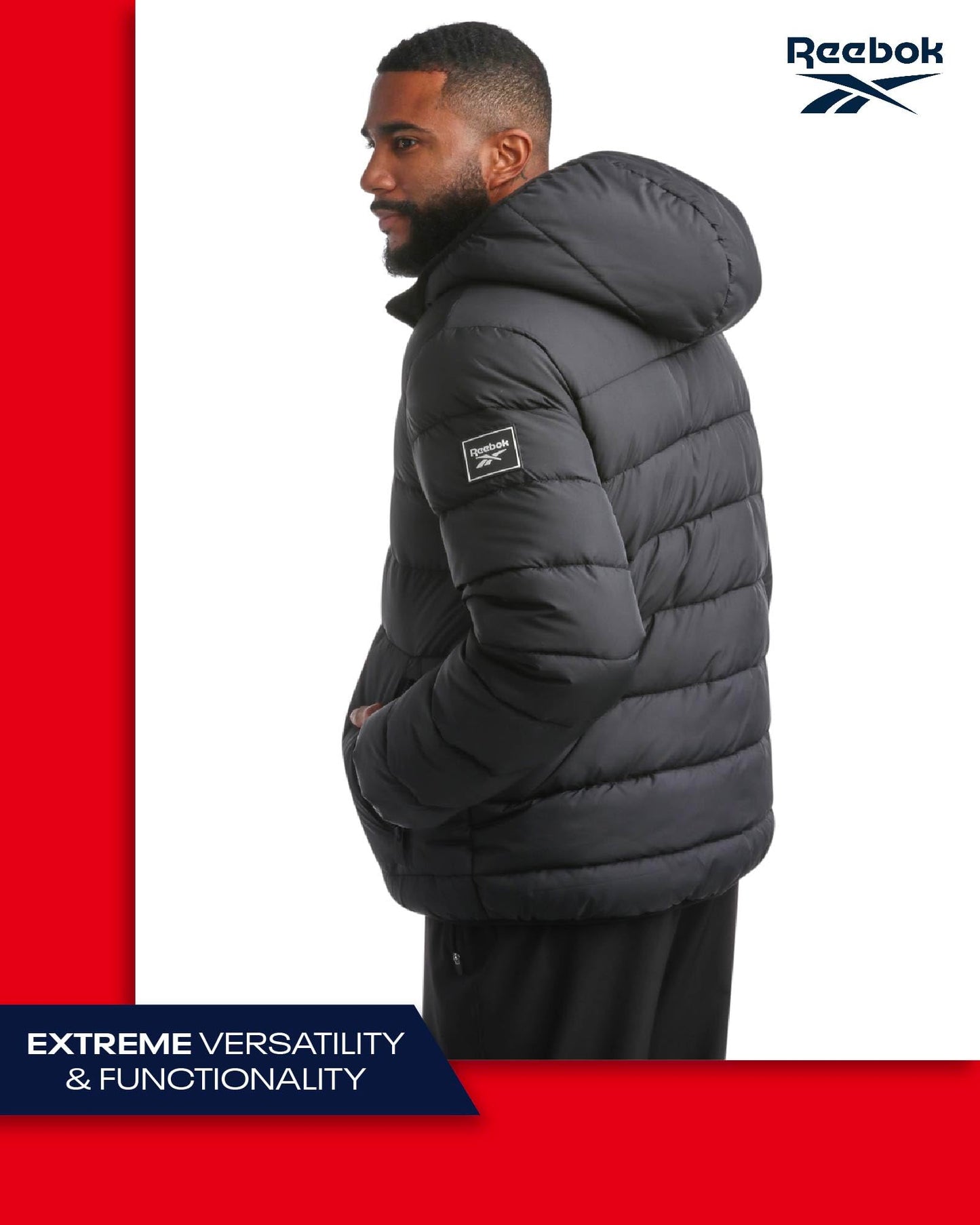 Reebok Men's Winter Jacket - Heavyweight Quilted Puffer Parka Coat - Ski Jacket for Men, Sherpa Lined Hood (S-XL), Size Large, Jet Black