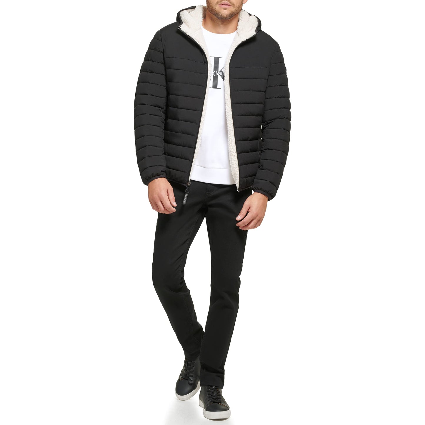 Calvin Klein Men's Lightweight Packable Down Jacket with Fleece Bib and Removable Hood,Black Stretch, X-Large