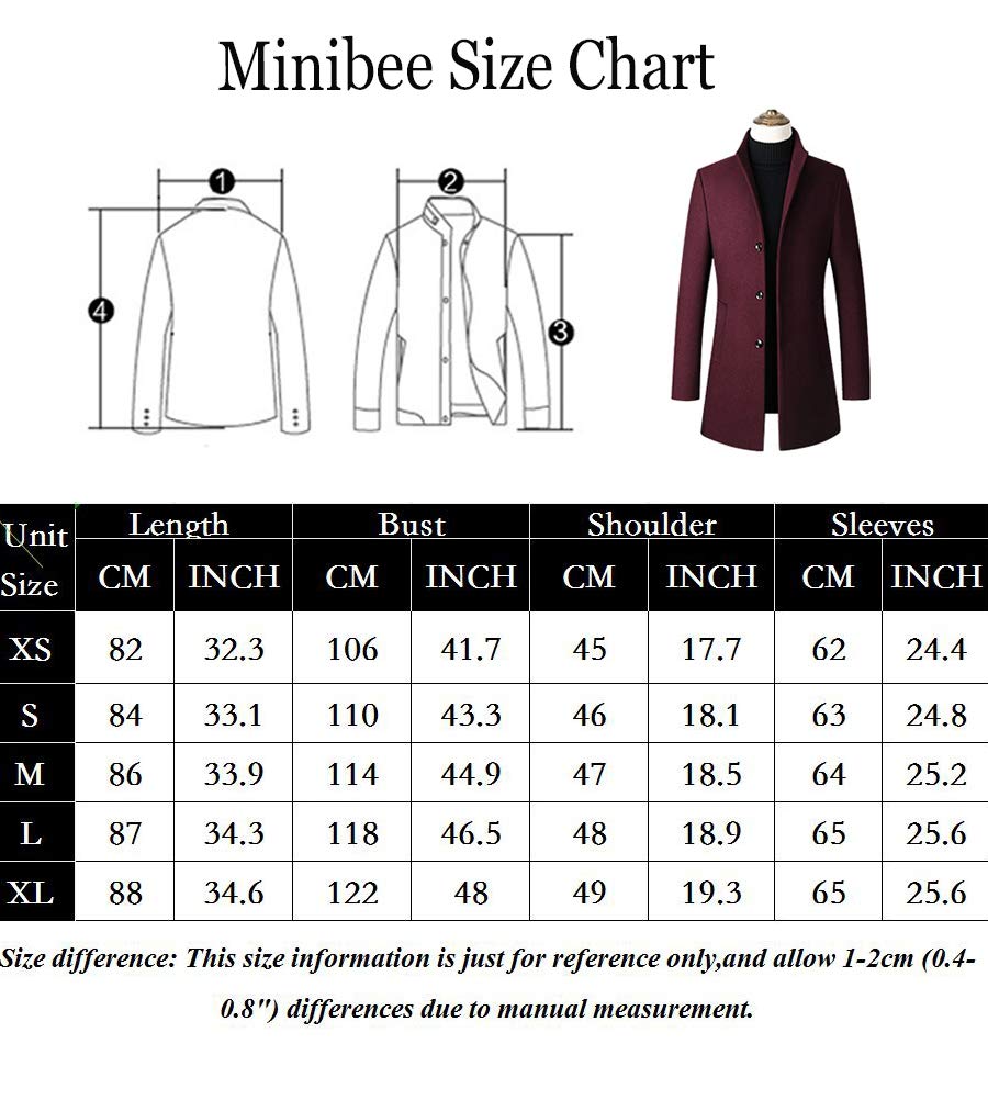 Minibee Men's Trench Woolen Coat Winter Stylish Long Slim Fit Luxury Wool Blend Topcoat Business Down Jacket L