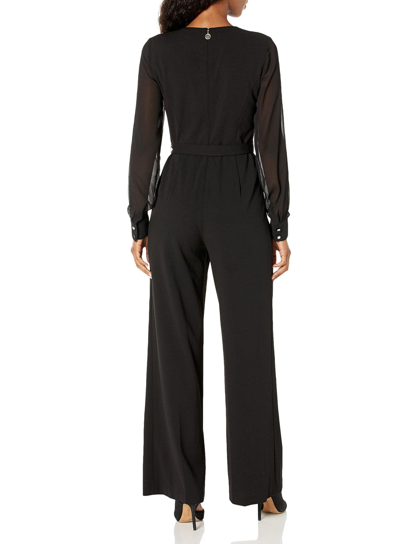 Tommy Hilfiger Womens Surplus Neckline Tie Scuba Crepe Straightleg Jumpsuit Straight Leg, Black, 2 US