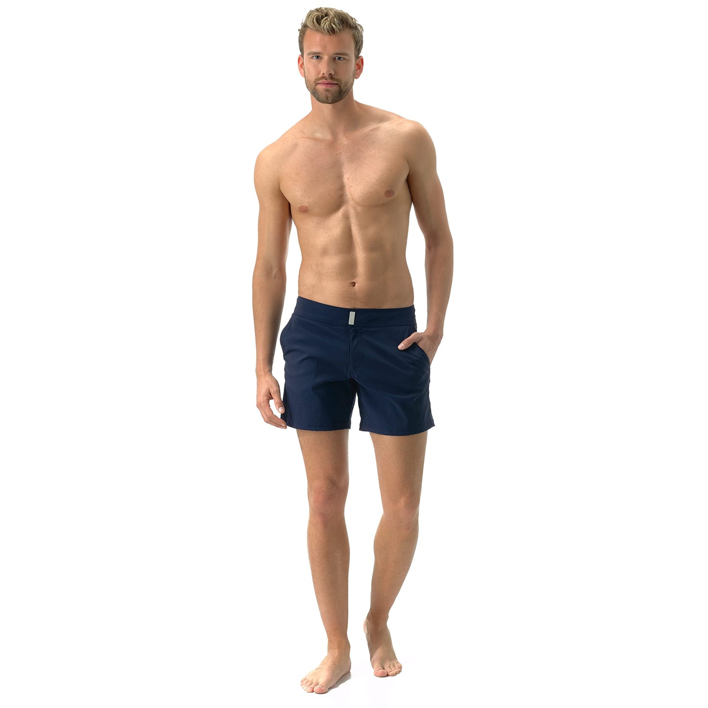 Vilebrequin Men Flat Belt Stretch Swim Trunks Solid, M, Navy Blue