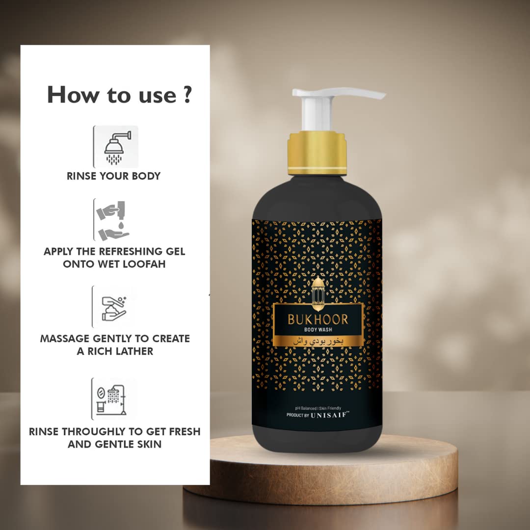 Unisaif Bukhoor Arabian Luxury Organic Body Wash Ph Balanced, Skin Friendly, Sulphate & Paraben Free 300 ml