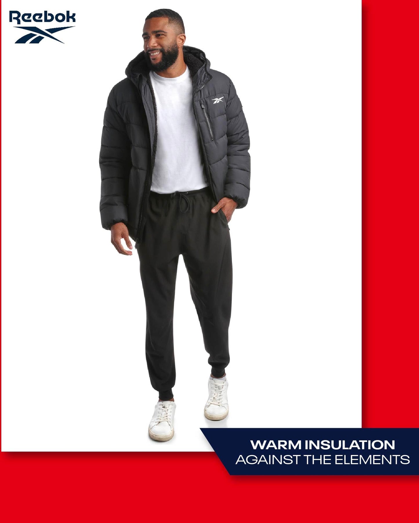 Reebok Men's Winter Jacket - Heavyweight Quilted Puffer Parka Coat - Ski Jacket for Men, Sherpa Lined Hood (S-XL), Size Large, Jet Black