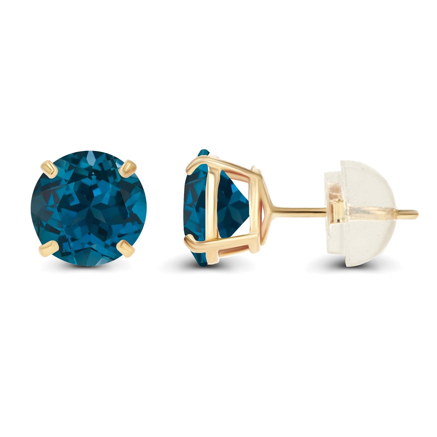 Genuine 14K Solid Yellow Gold 6mm Round Natural London Blue Topaz December Birthstone Stud Earrings