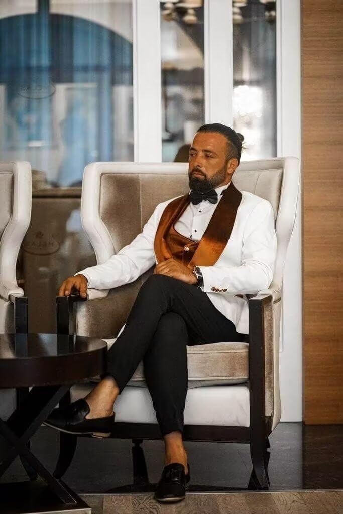 Men's Floral Tuxedo Suits Luxury Embroide Regular Fit Suit 3 Piece Set Wedding Blazer Dinner Tuxedo for Party Plus Size 52 White-Black