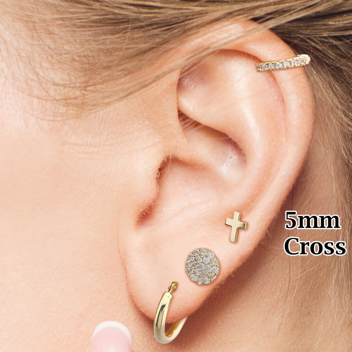 14k Solid Gold Small Polished Tiny Flat Plain Mini Cross Stud Earrings (5mm, Yellow Gold)